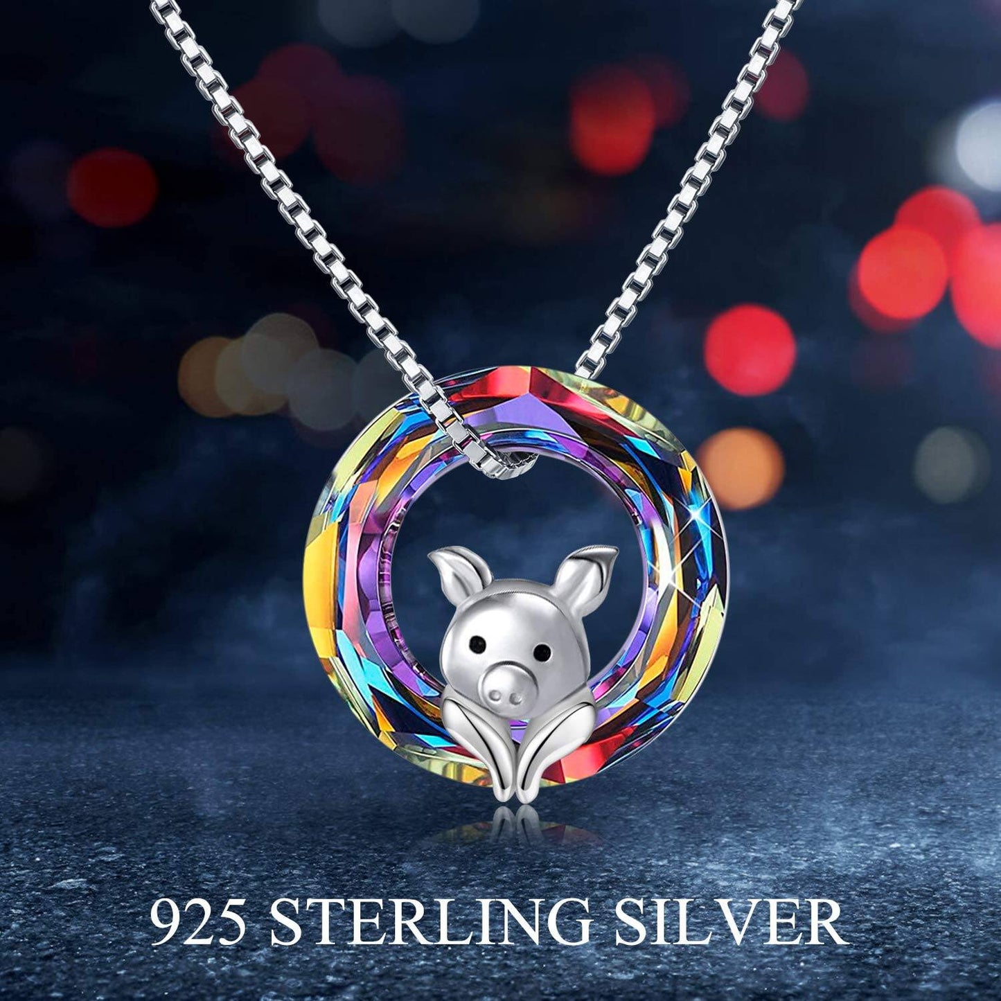 925 Sterling Silver Rainbow Crystal Pig Pendant Necklaces for Women and Girls Gifts