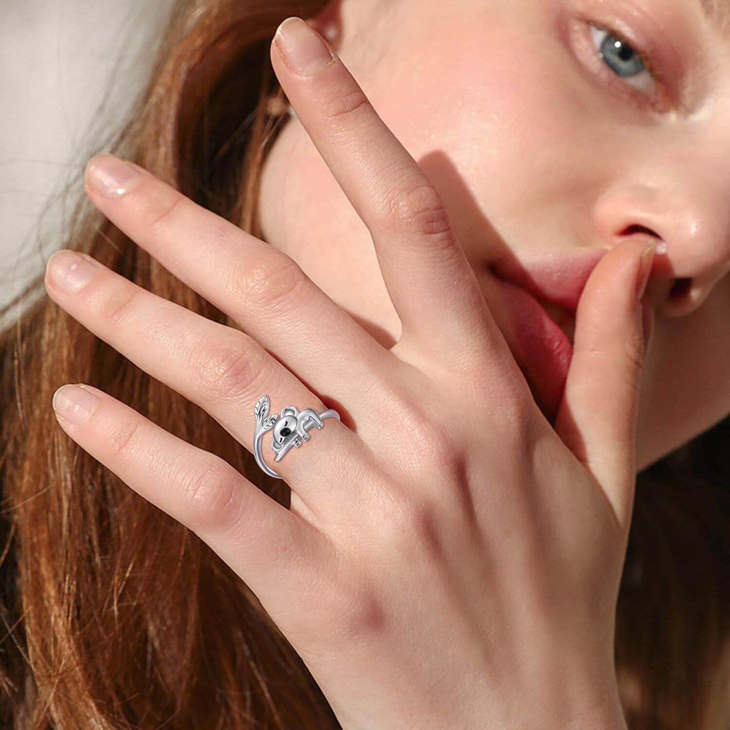 A28. 925 Sterling Silver Cute Koala Open Rings With Leaves