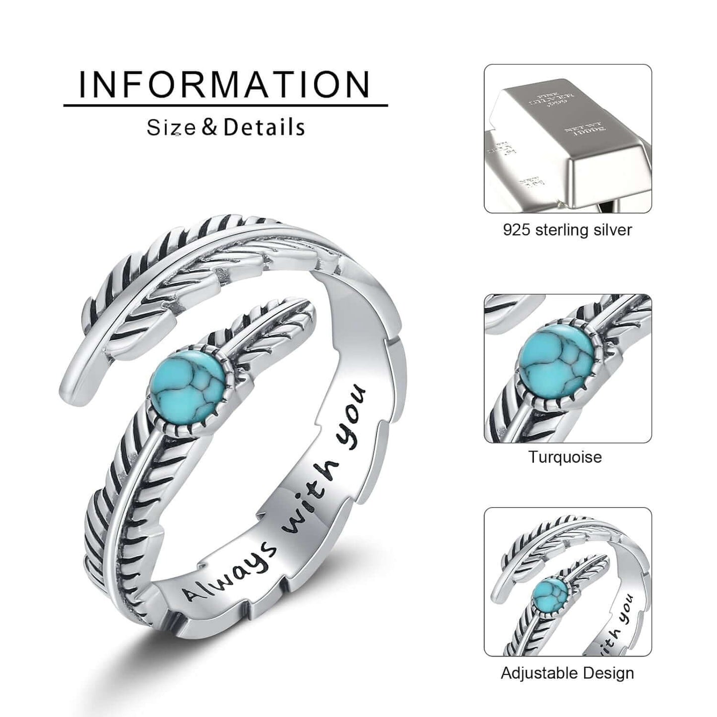 A30. 925 Sterling Silver Feather Heart Rings With Green Gemstone And Inspirational Quote