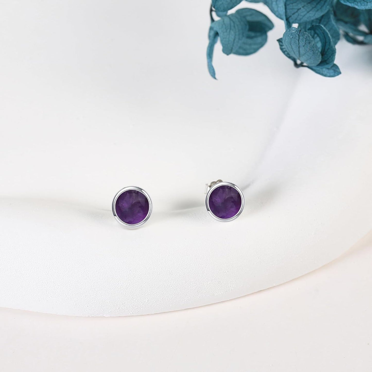 925 Sterling Silver Amethyst Round Halo Gemstone Stud Earrings