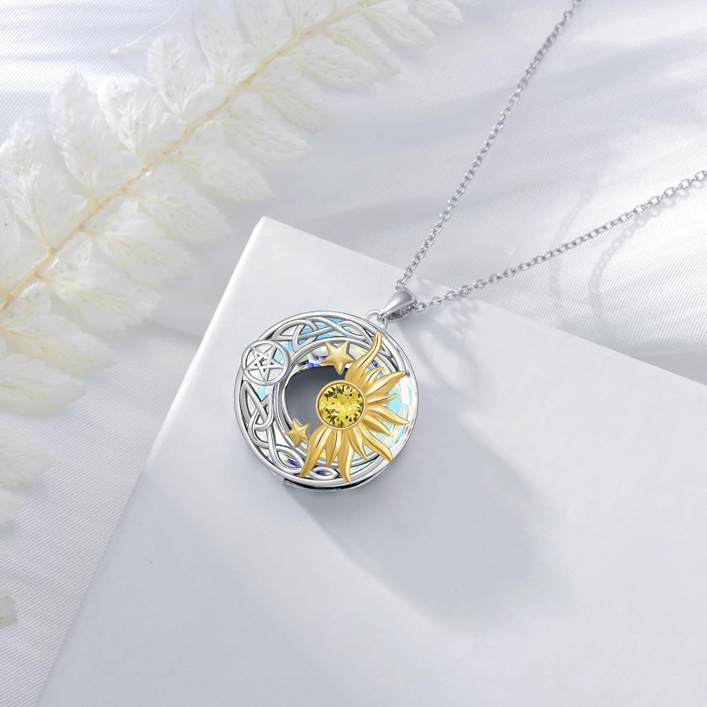 925 Sterling Silver Round Pendant with Celtic Knots and Celestial Elements - Gold Plated Sun & Stars Design Necklaces