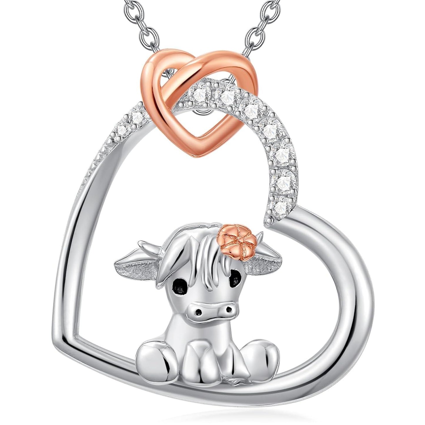 925 Sterling Silver Cute Cow Heart Necklace With Diamond Accents