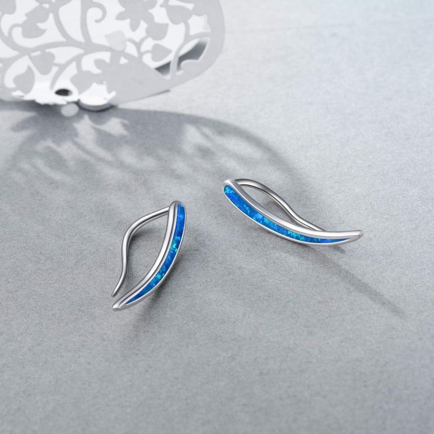 925 Sterling Silver Blue Fire Opal Curved Ear Climber Studs Non-Tarnish Huggie Hoop Earring Sets Wholesale for Women Girls Gifts Jewelry 4cm Long