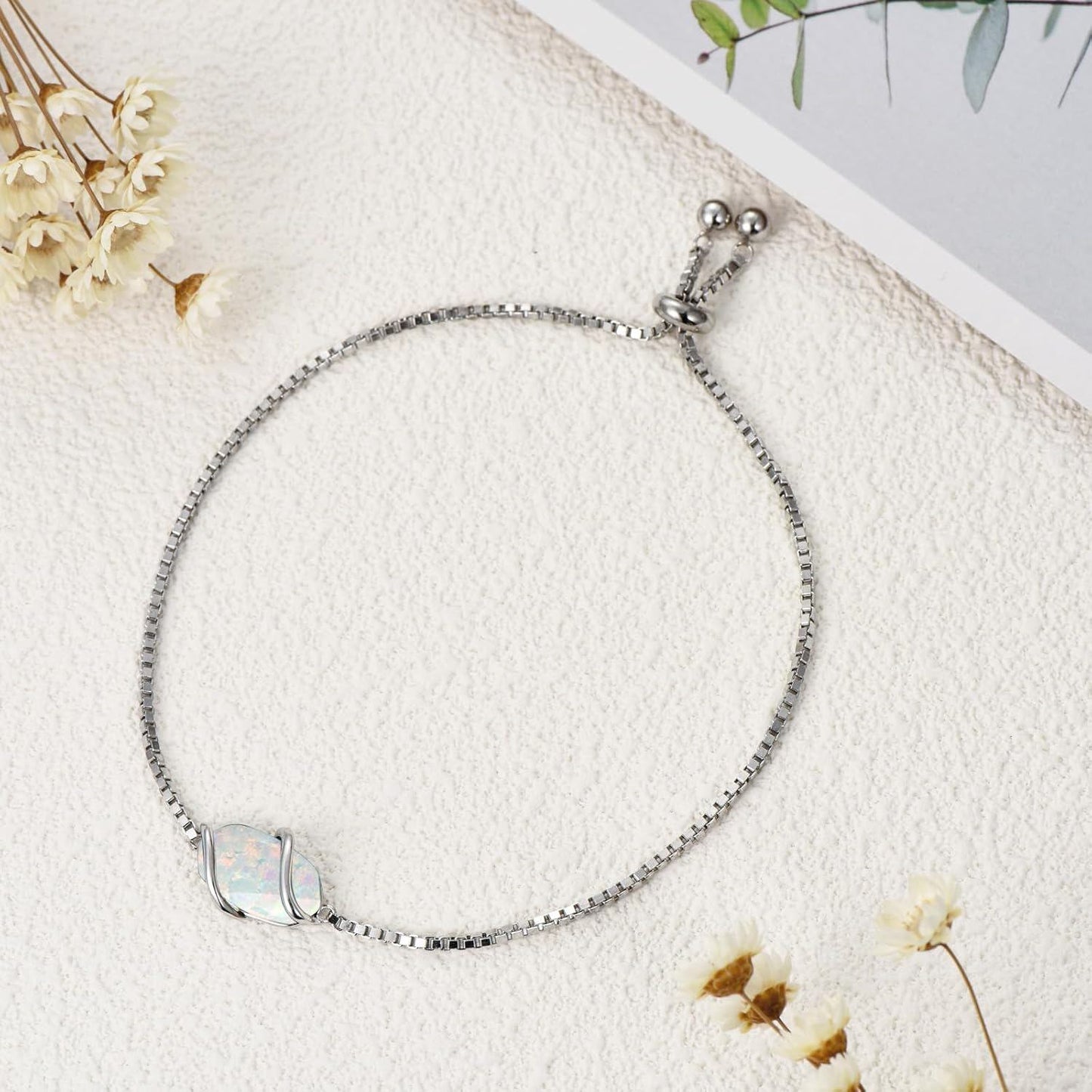 925 Sterling Silver Opal Bracelet With Adjustable Chain