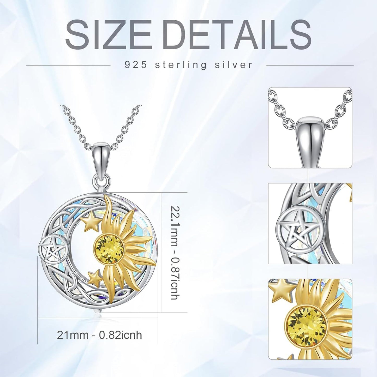 925 Sterling Silver Round Pendant with Celtic Knots and Celestial Elements - Gold Plated Sun & Stars Design Necklaces