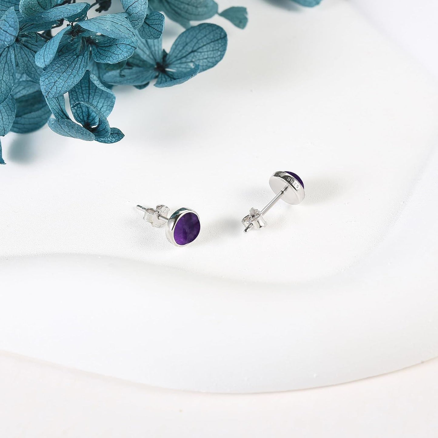 925 Sterling Silver Amethyst Round Halo Gemstone Stud Earrings