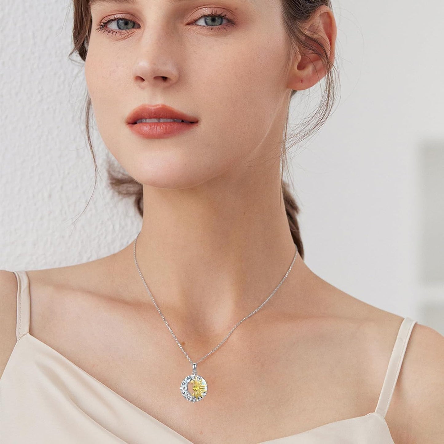 925 Sterling Silver Round Pendant with Celtic Knots and Celestial Elements - Gold Plated Sun & Stars Design Necklaces