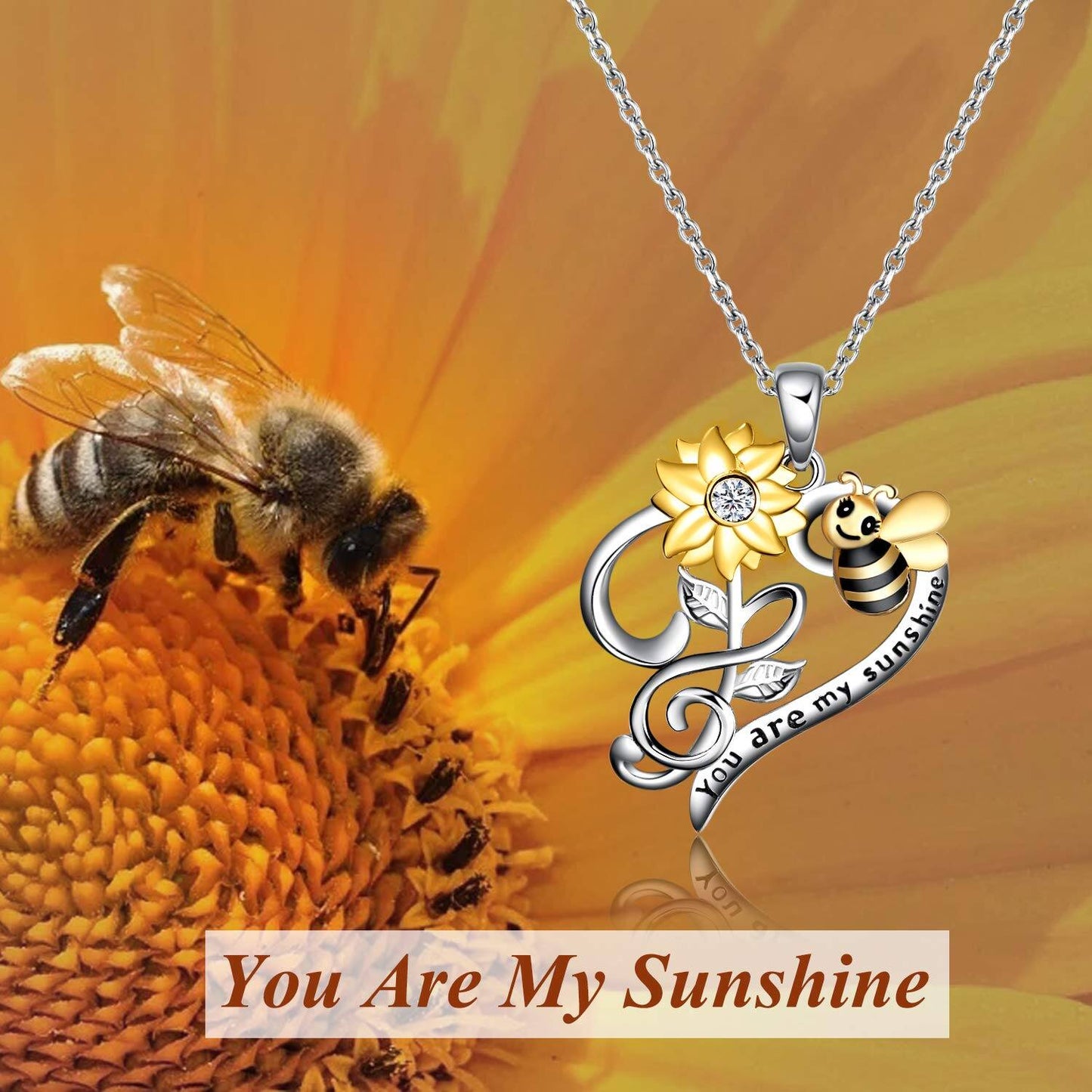 925 Sterling Silver Sunflower & Bee Infinity Love Necklace.