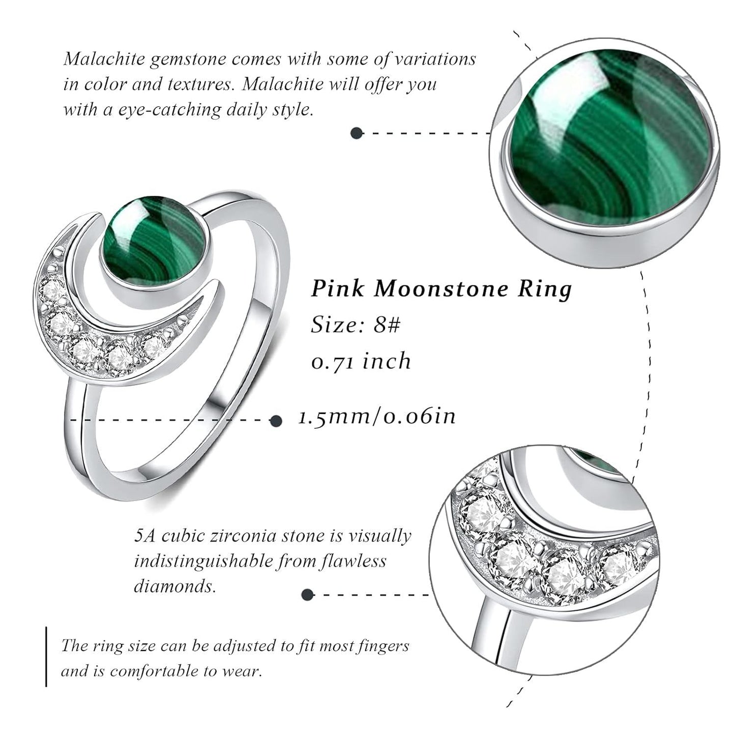 925 Sterling Silver Moon Rings Crescent Open Adjustable Gift for Women
