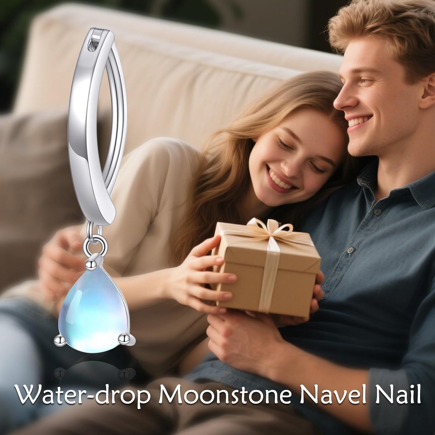 925 Sterling Silver Teardrop Rainbow Moonstone Dangle Belly Button RIng