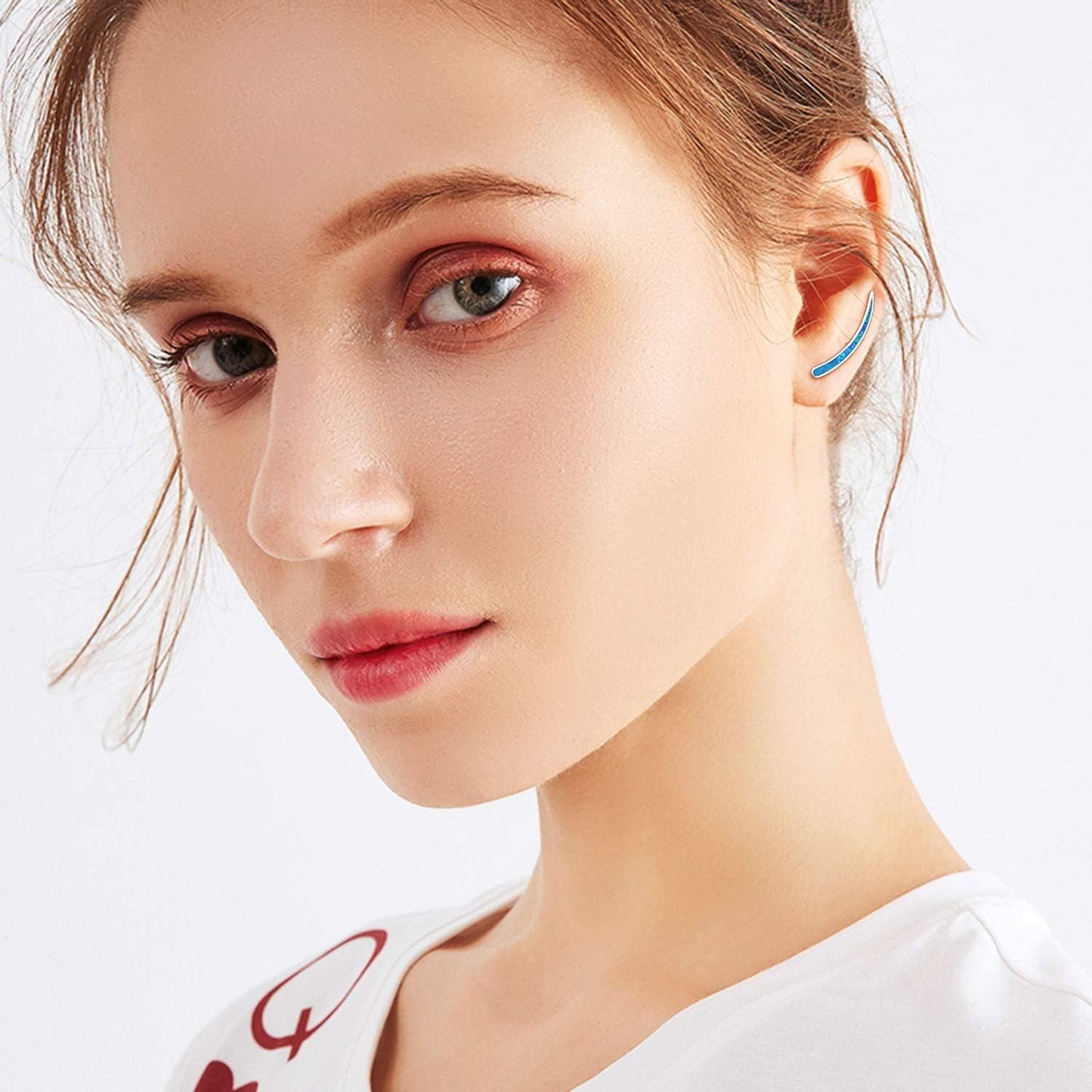 925 Sterling Silver Blue Fire Opal Curved Ear Climber Studs Non-Tarnish Huggie Hoop Earring Sets Wholesale for Women Girls Gifts Jewelry 4cm Long