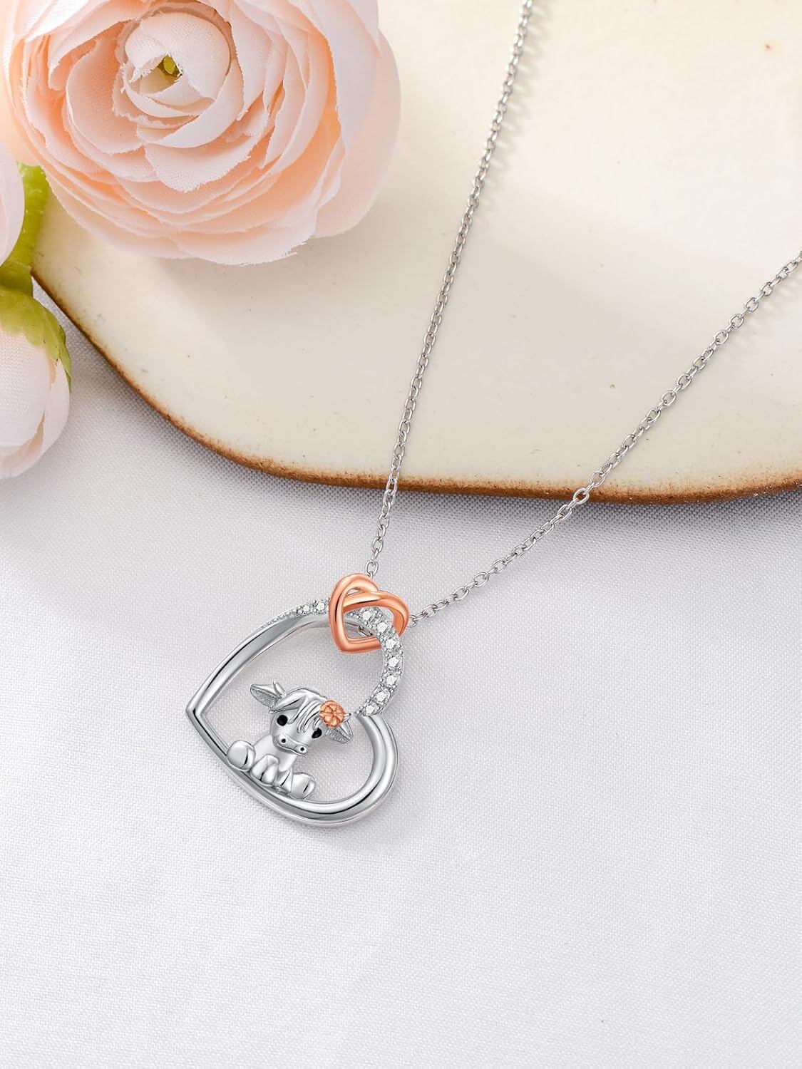 925 Sterling Silver Cute Cow Heart Necklace With Diamond Accents