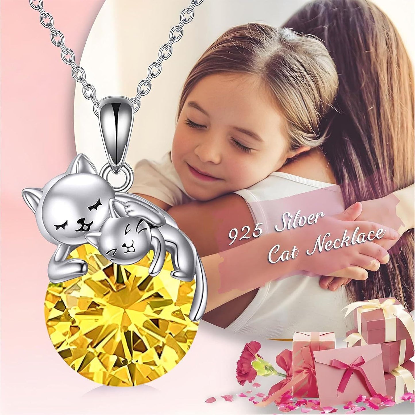 925 Sterling Silver Yellow Crystal Cats Pendant Necklaces for Women