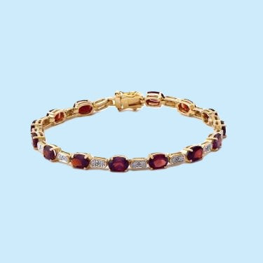 Shimmering 18K Gold Plated Sterling Silver Diamond and Garnet Bracelet 7.5in