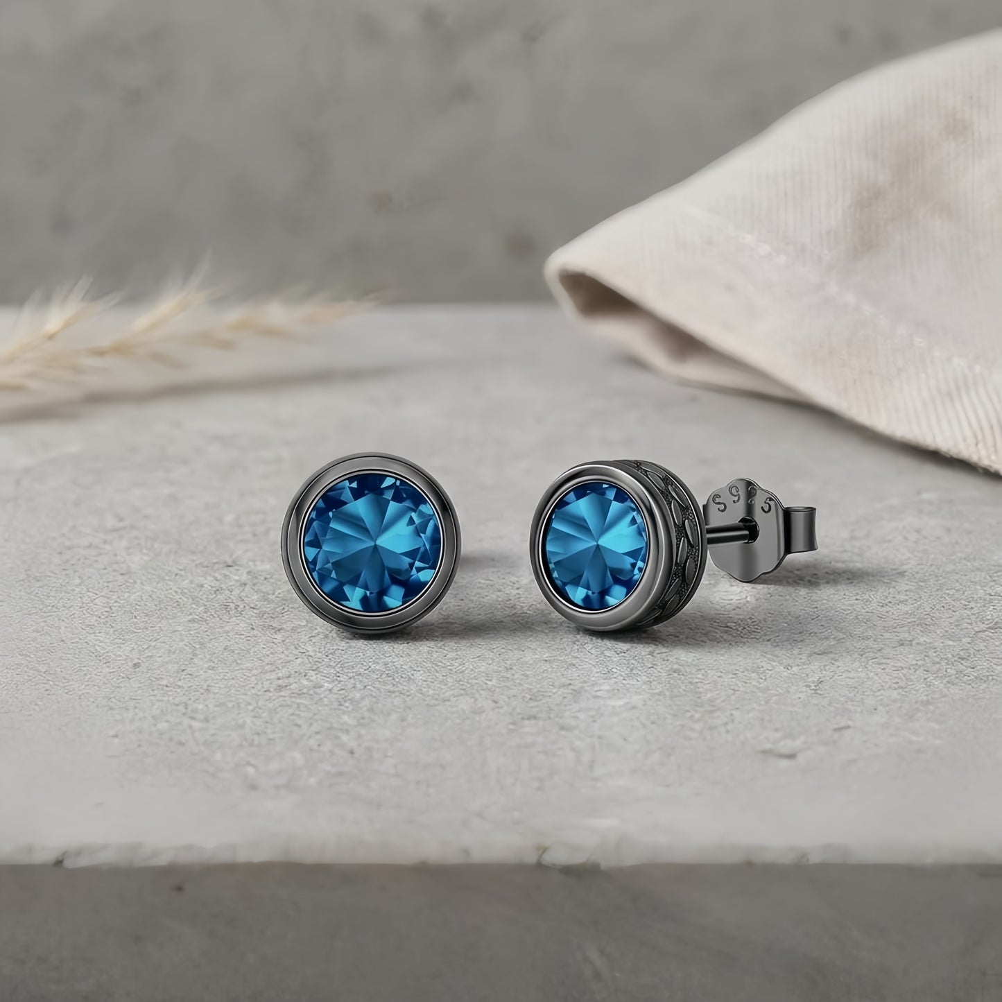 925 Sterling Silver Elegant Blackened  Stud Earrings with Faceted Blue Gemstone Accents