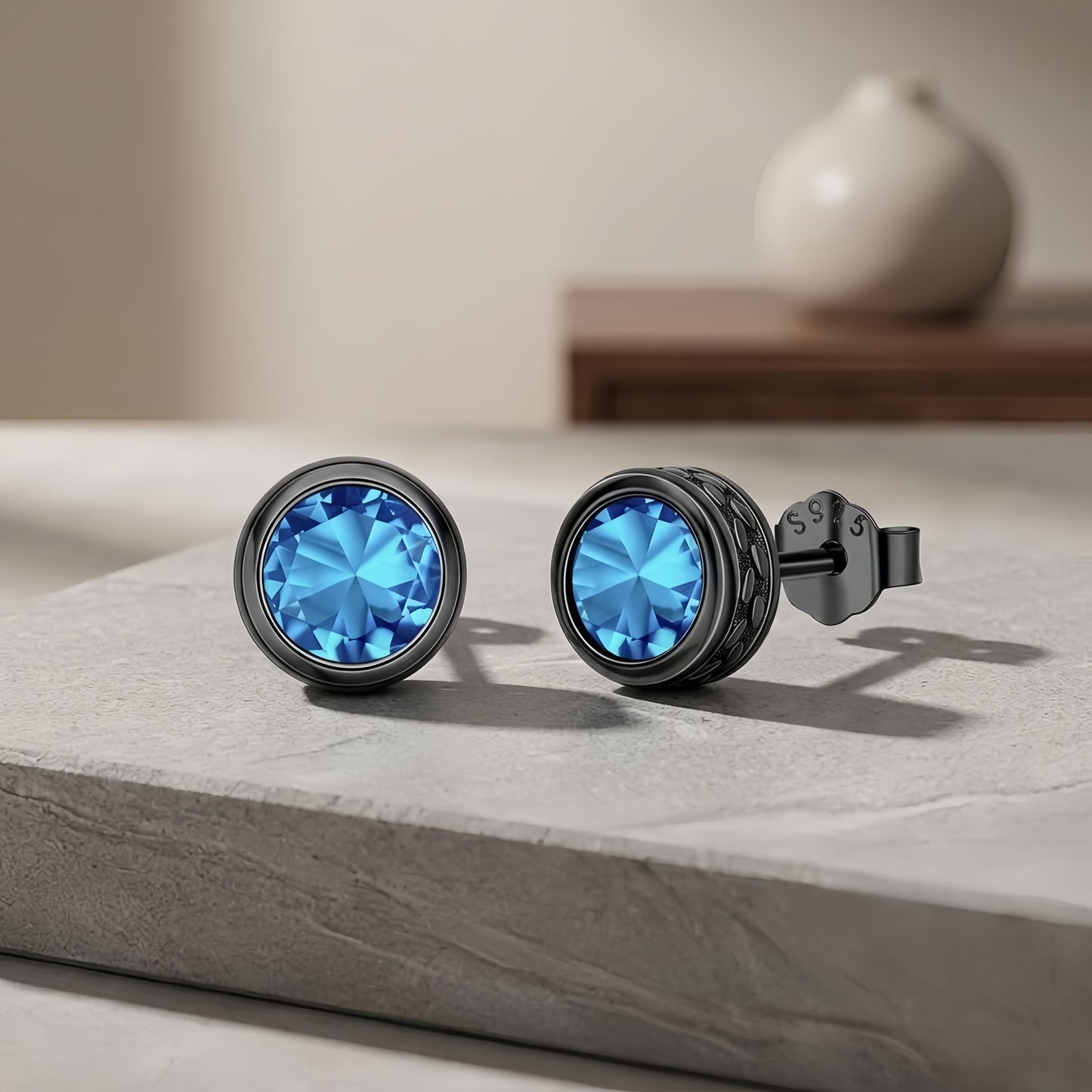925 Sterling Silver Elegant Blackened  Stud Earrings with Faceted Blue Gemstone Accents