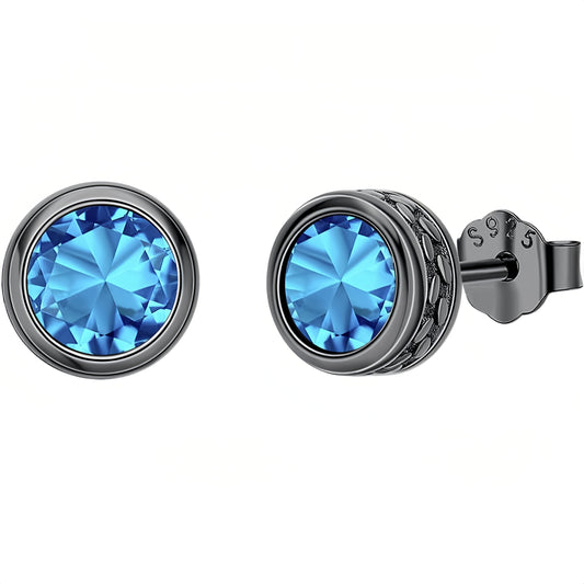 925 Sterling Silver Elegant Blackened  Stud Earrings with Faceted Blue Gemstone Accents
