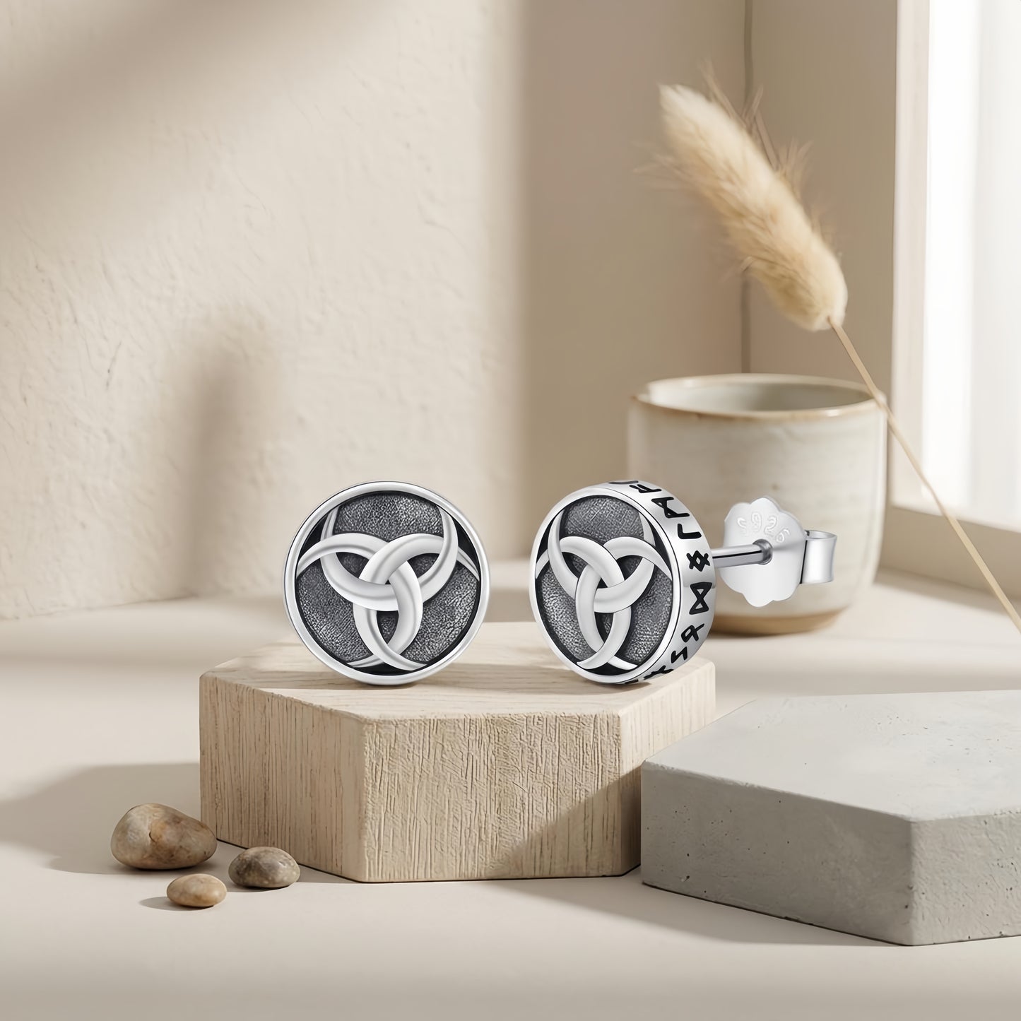 A32. 925 Sterling Silver Valknut Rune Earring Pair