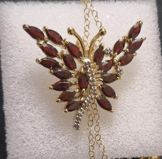 Amazing Garnet and Diamond Butterfly Necklace in 18K Gold Plated Solid silver