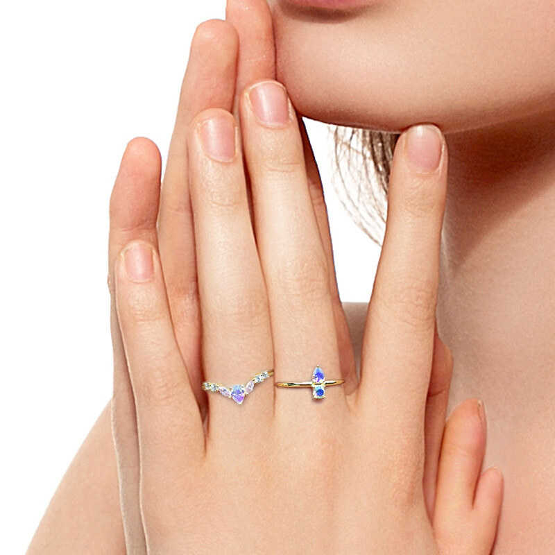A.34 925 Sterling Silver Geometric Moon Small Zircon Flash Open Ring Tiktok Style Colorful Zircon Exquisite Index Finger Rings Wholesale For Women