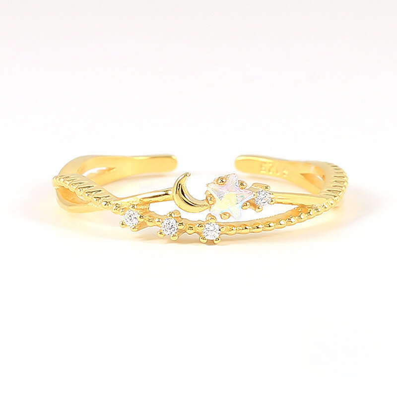 A.34 925 Sterling Silver Geometric Moon Small Zircon Flash Open Ring Tiktok Style Colorful Zircon Exquisite Index Finger Rings Wholesale For Women
