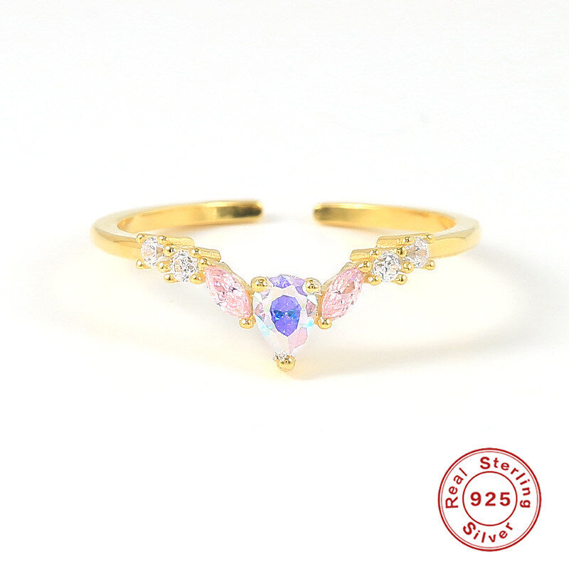 A.34 925 Sterling Silver Geometric Moon Small Zircon Flash Open Ring Tiktok Style Colorful Zircon Exquisite Index Finger Rings Wholesale For Women
