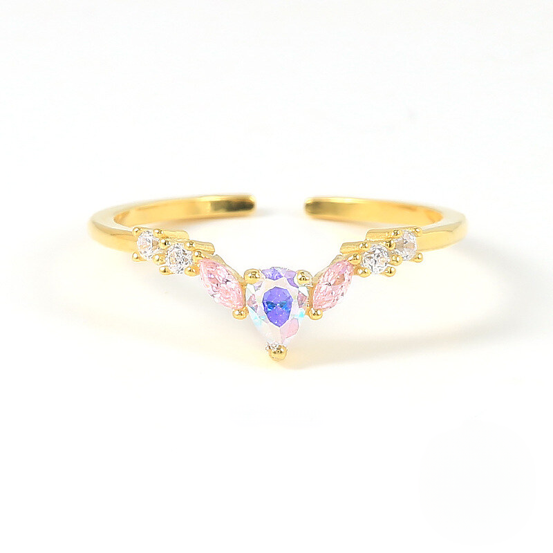 A.34 925 Sterling Silver Geometric Moon Small Zircon Flash Open Ring Tiktok Style Colorful Zircon Exquisite Index Finger Rings Wholesale For Women