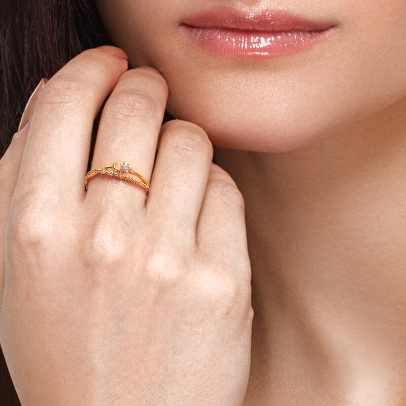 A.34 925 Sterling Silver Geometric Moon Small Zircon Flash Open Ring Tiktok Style Colorful Zircon Exquisite Index Finger Rings Wholesale For Women