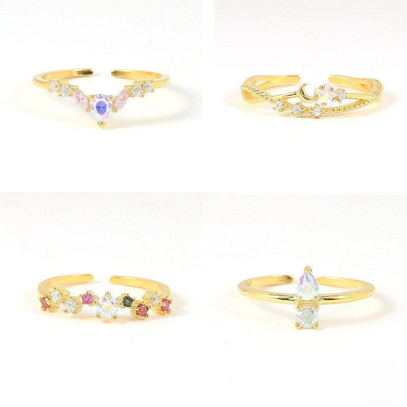 A.34 925 Sterling Silver Geometric Moon Small Zircon Flash Open Ring Tiktok Style Colorful Zircon Exquisite Index Finger Rings Wholesale For Women