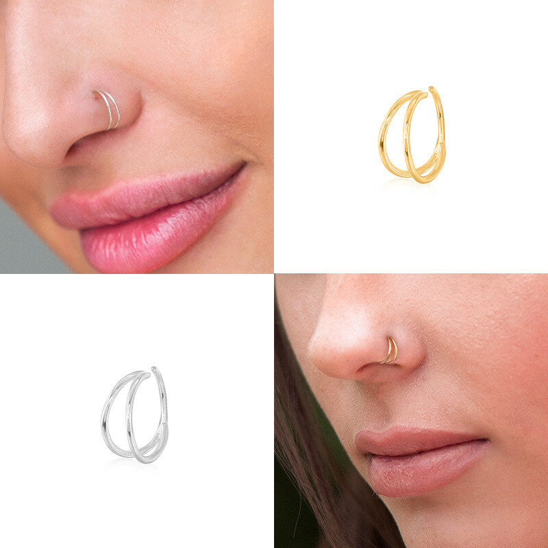 A39. S925 Sterling Silver Double Ring Nose Rings Wholesale Micro-set Elegant Ear Clip Earring