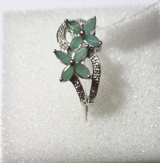 Designer Sterling Silver Emerald and Diamond Size 6 Ring