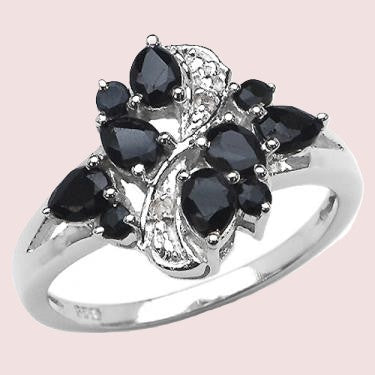 A Stunning Black Sapphire and White Topaz Size 7 Designer Ring in Solid Sterling Silver