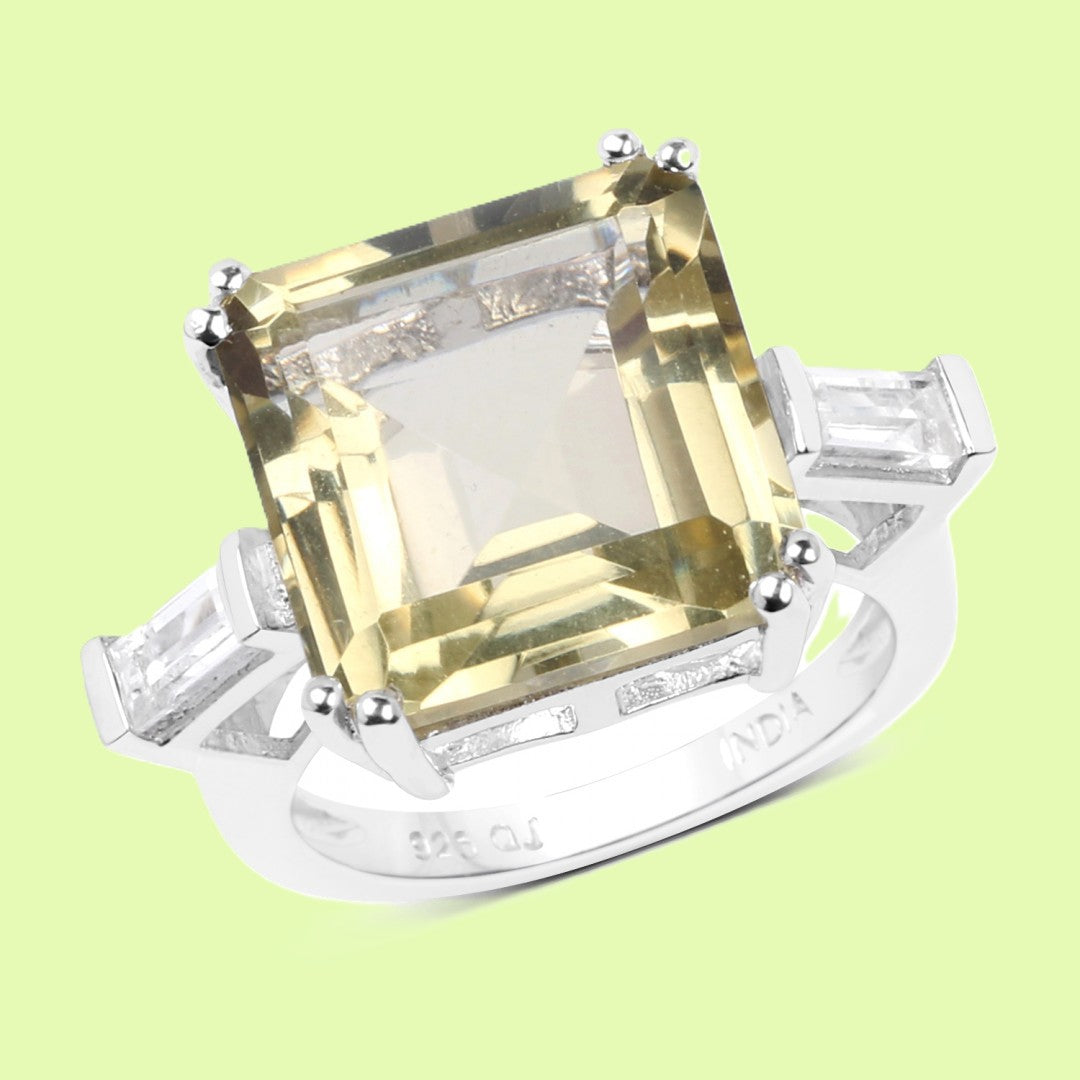 10.85 CTW Yellow Quartz and White Topaz Size 9 Sterling Silver Ring