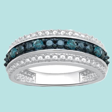 Blue Diamond Ring set in White Gold Plated Sterling Silver Size 7