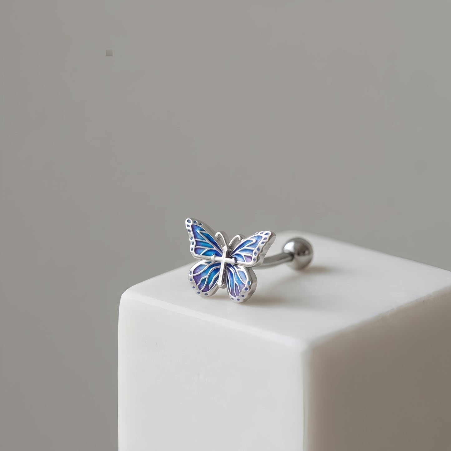 A37. 925 Sterling Silver Butterfly Belly Button Rings With Blue Enamel Wings