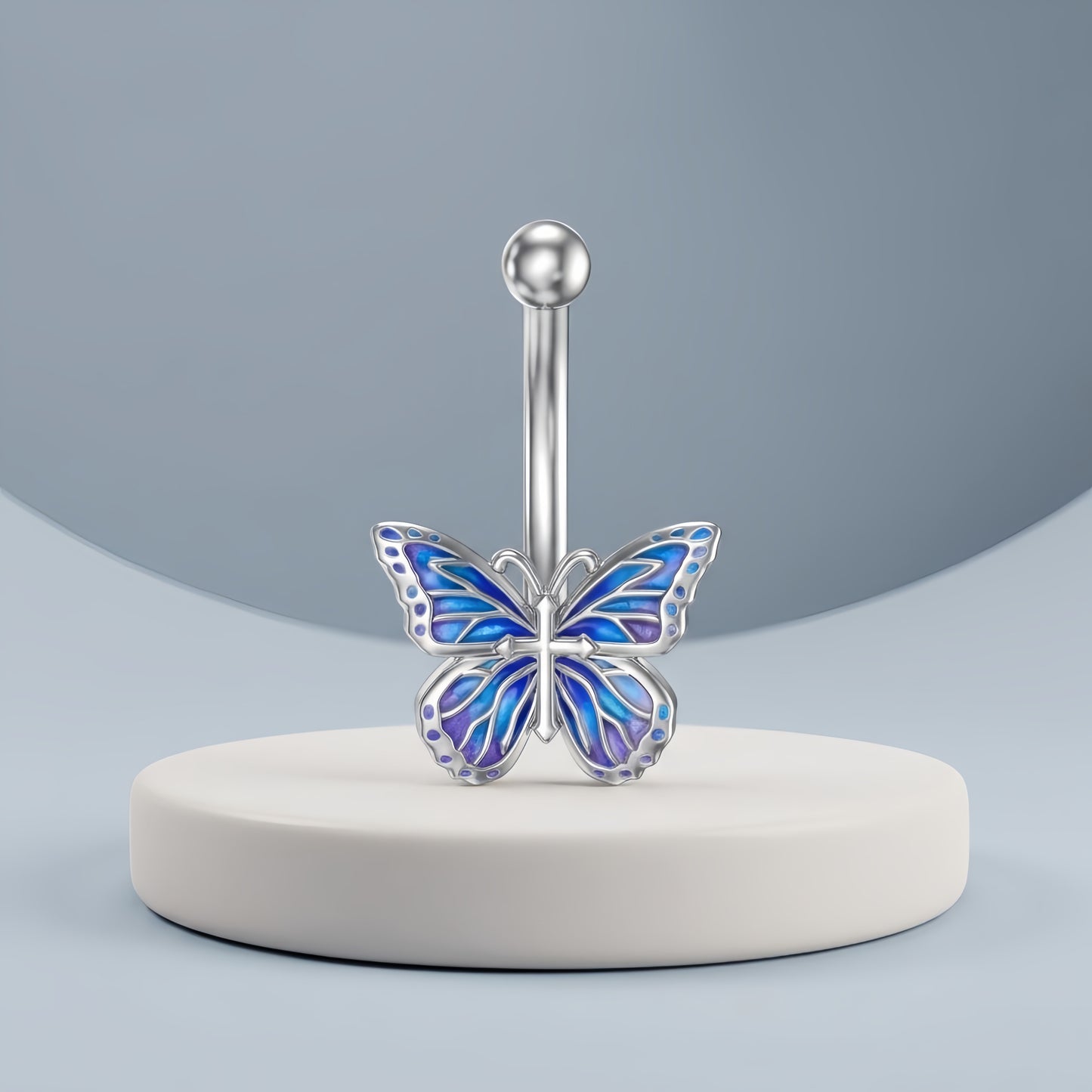 A37. 925 Sterling Silver Butterfly Belly Button Rings With Blue Enamel Wings