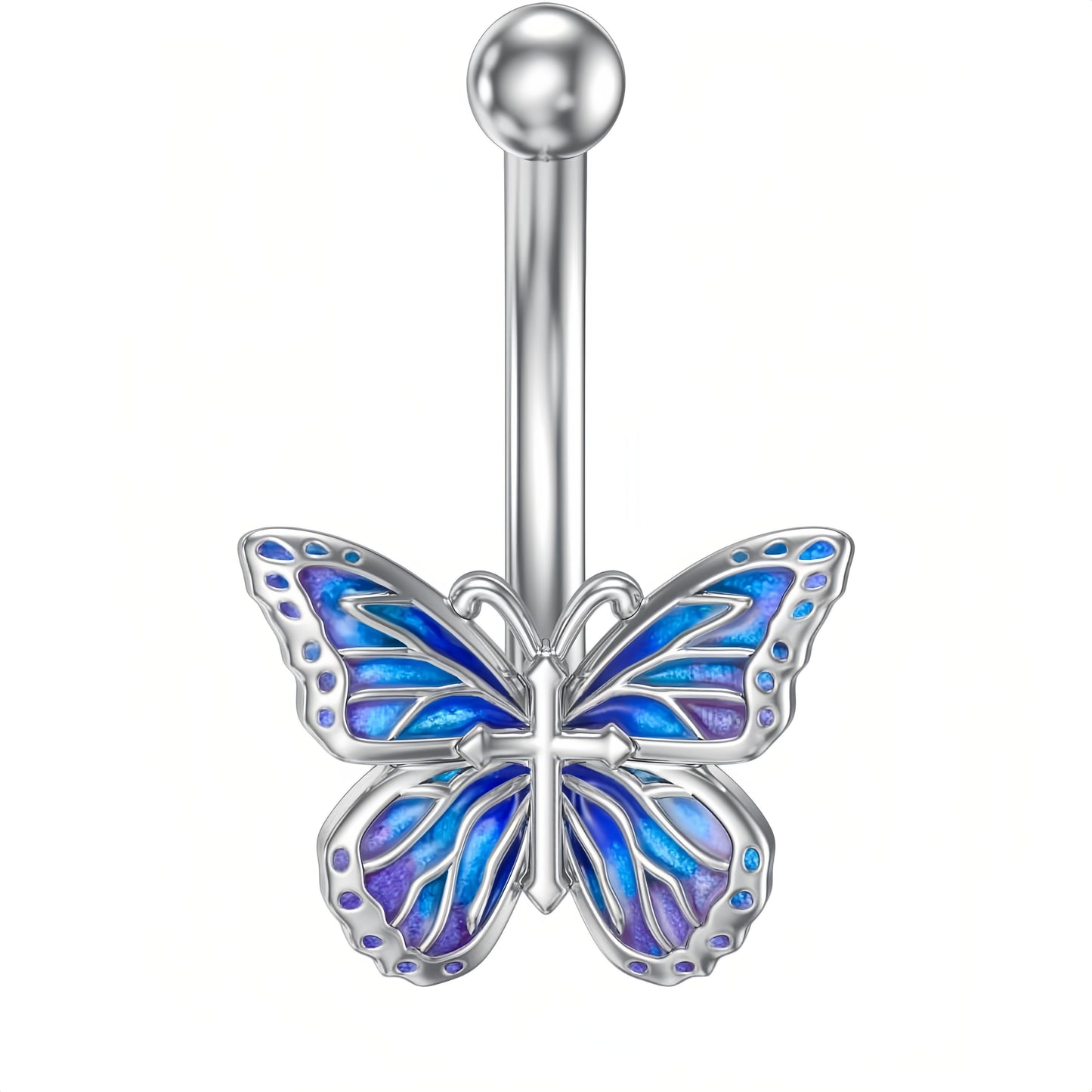 A37. 925 Sterling Silver Butterfly Belly Button Rings With Blue Enamel Wings