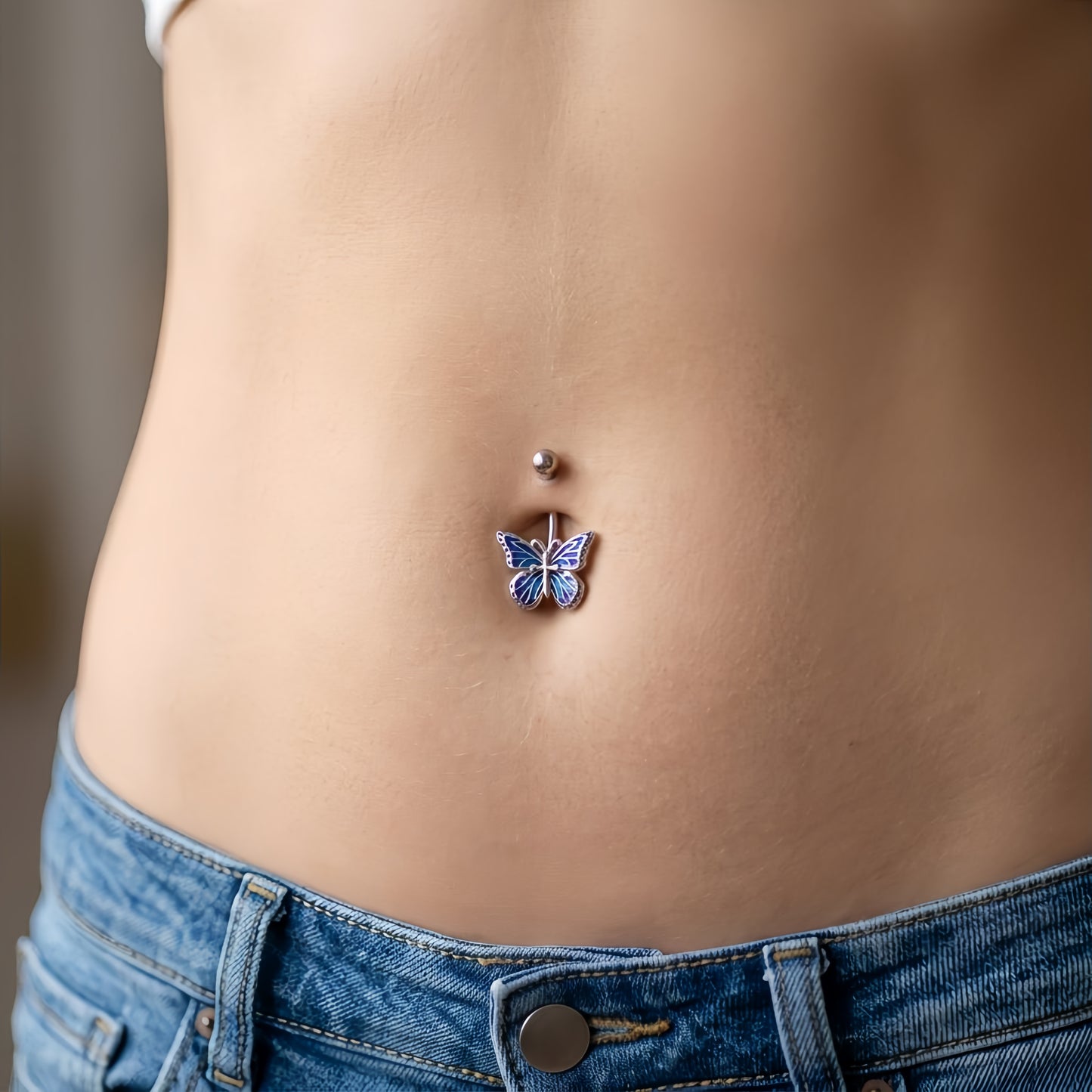 A37. 925 Sterling Silver Butterfly Belly Button Rings With Blue Enamel Wings